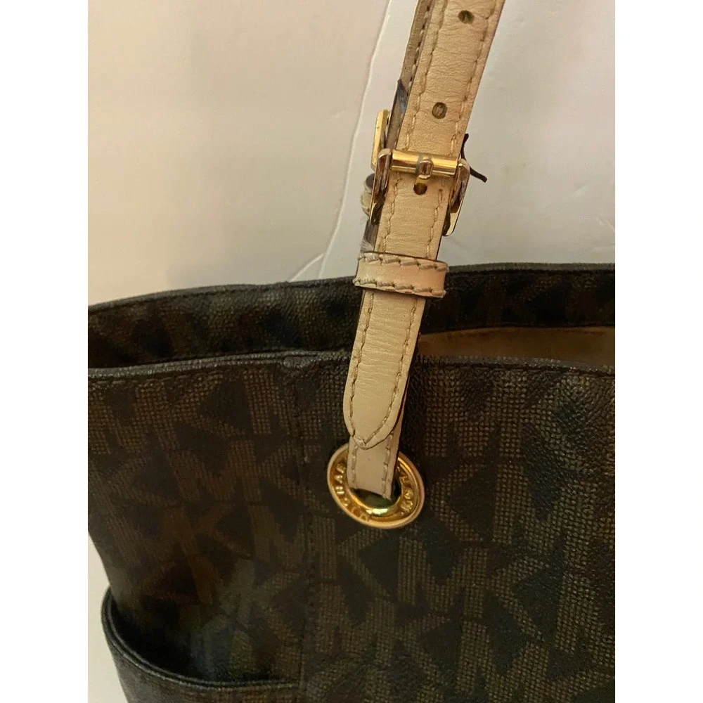 Michael Kors Jet Set Travel Tote Bag Brown Signature Logo MK Gold Hardware